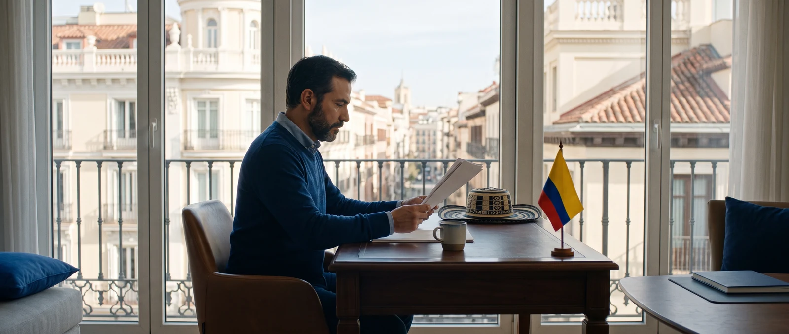 Colombiano revisando documentos desde una ciudad europea